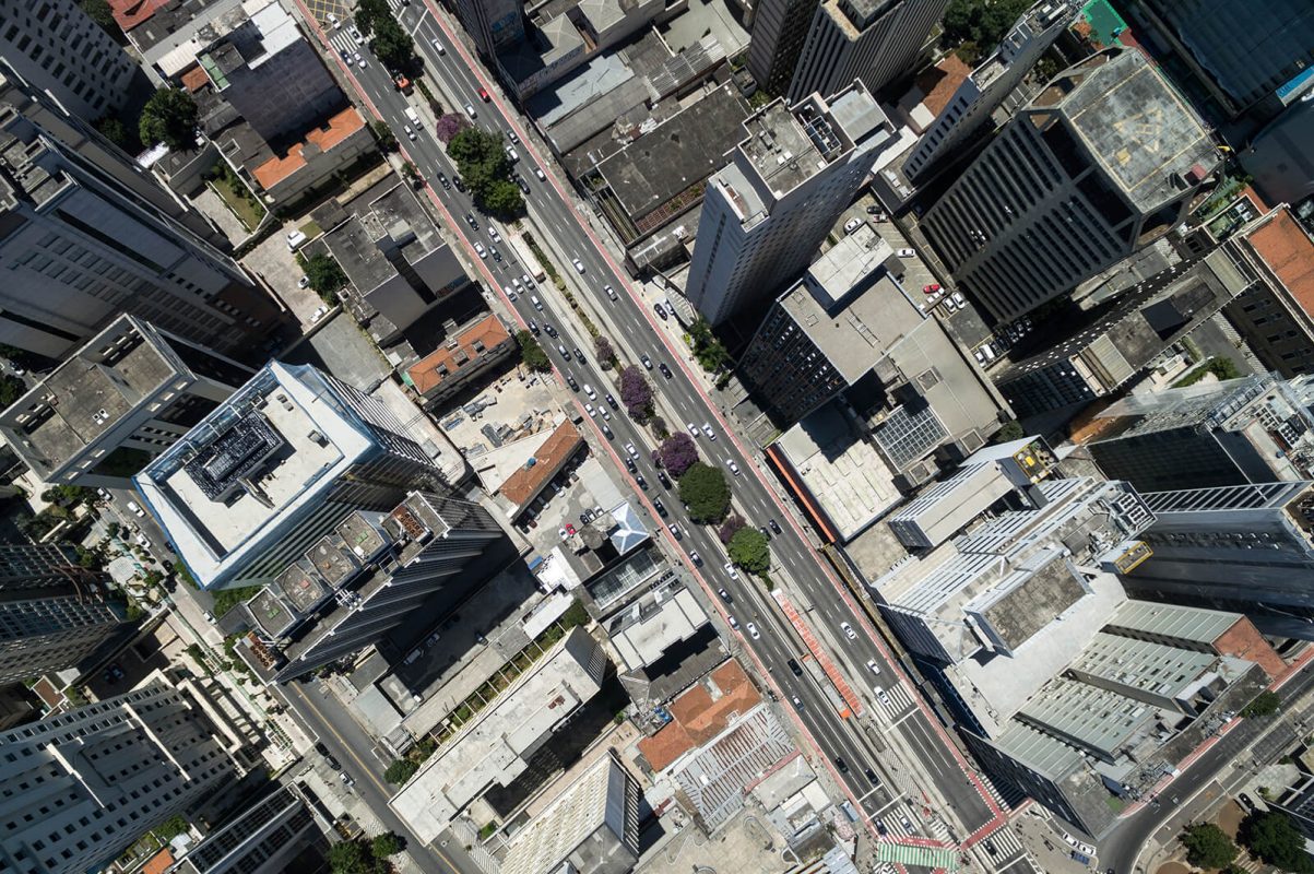 City street and tall buildings from above