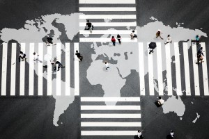 World map from a street view with people walking