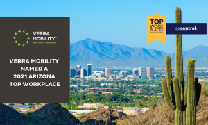 Verra Mobility Named a 2021 Arizona top workplace with Phoenix cityscape, mountains and cactus