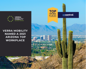 Verra Mobility Named a 2021 Arizona top workplace with Phoenix cityscape, mountains and cactus