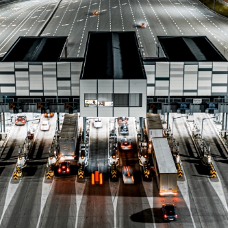 Large European vehicle toll booth.