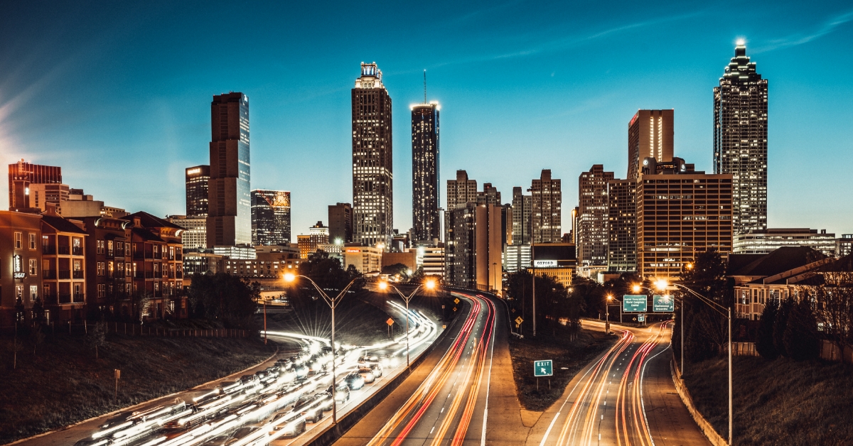 city skyline at dusk