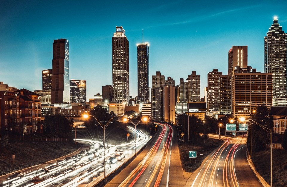 city skyline at dusk