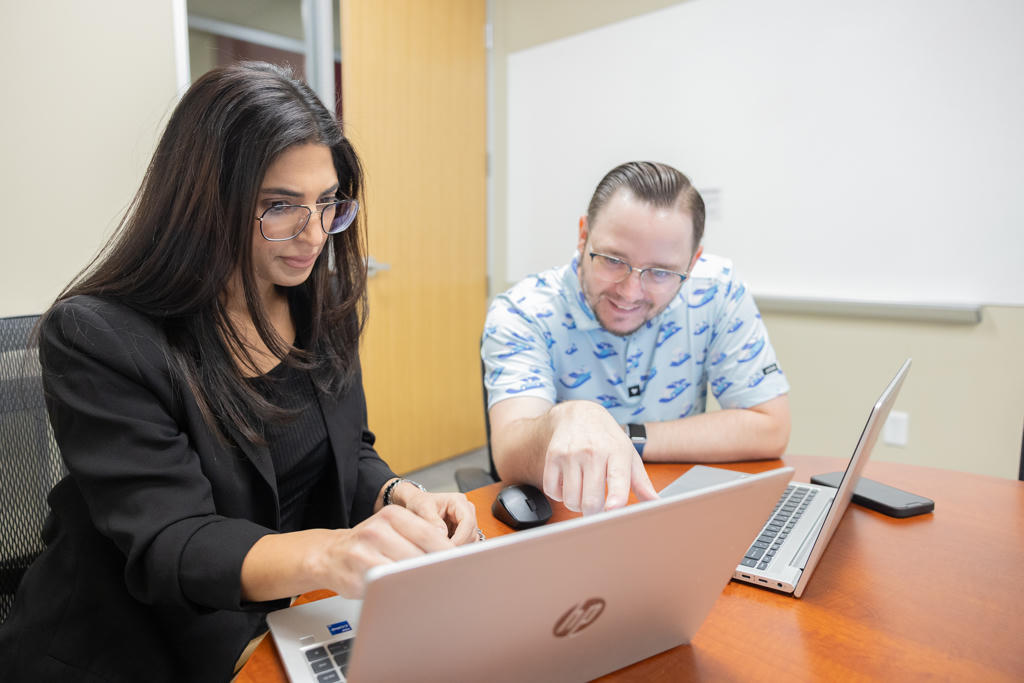Two employees looking at laptop in an office