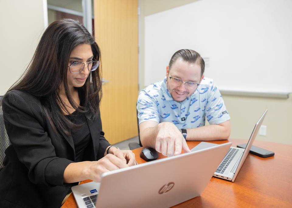 Two employees looking at laptop in an office