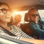 Couple driving in car smiling