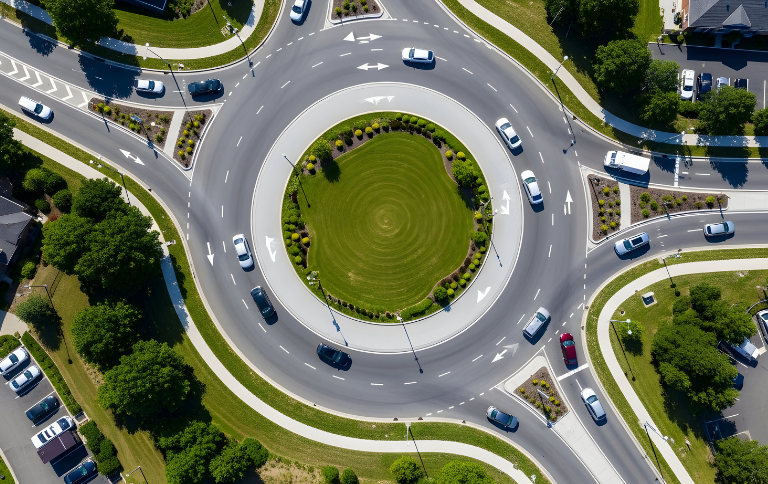 Traffic roundabout with cars aerial image