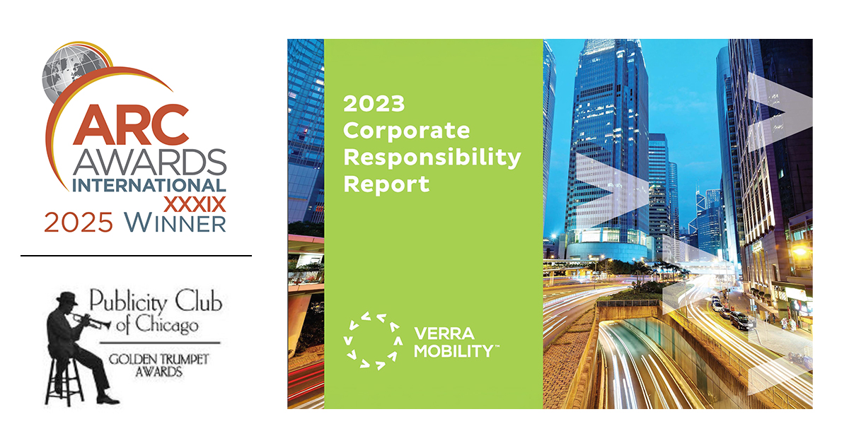 Cover of Verra Mobility's Corporate Responsibility Report with award titles