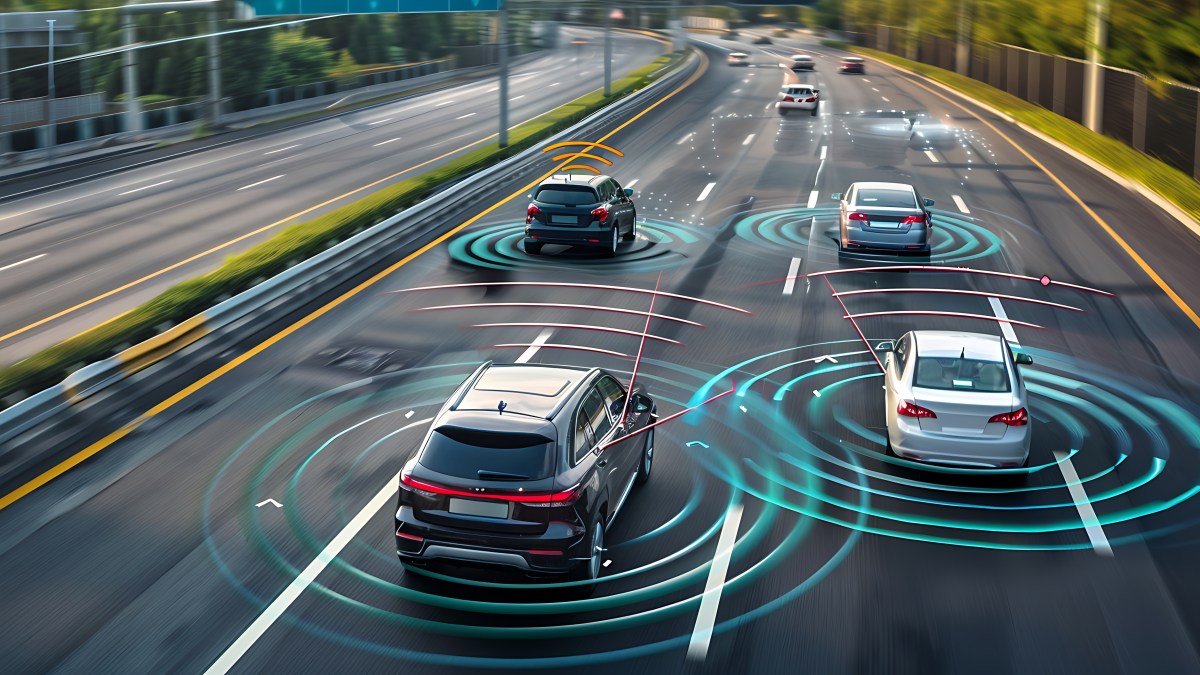 Cars on highway with smart technology graphics