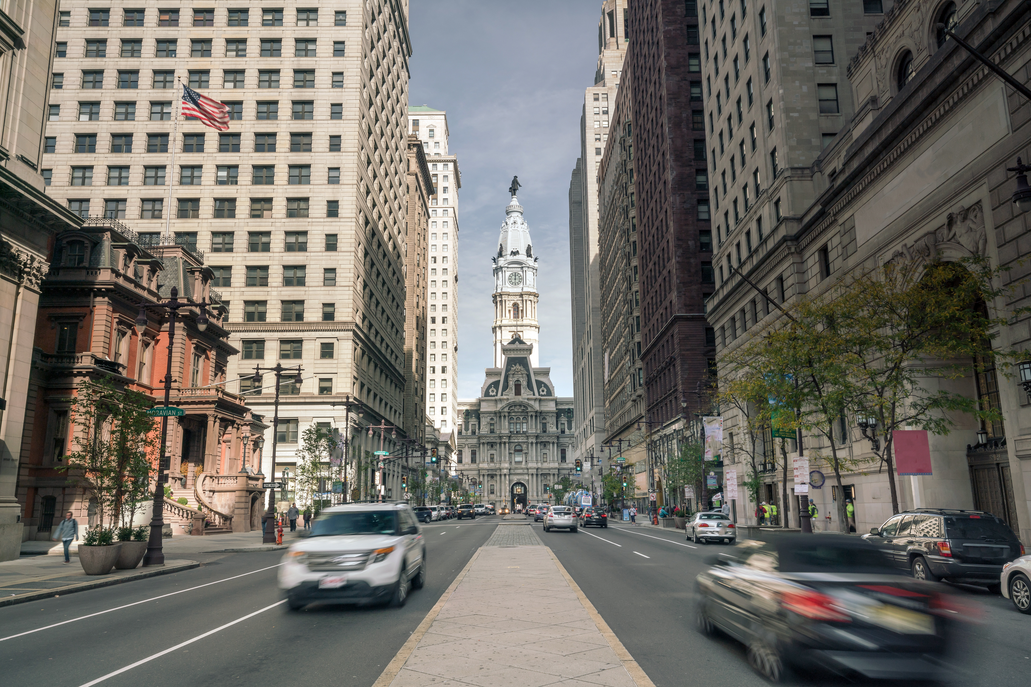 Car driving down street in Downtown Philadelphia