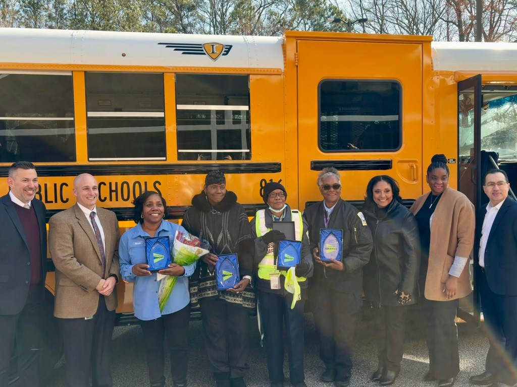 Winners of the Student Safety Awards pictured in front of bus