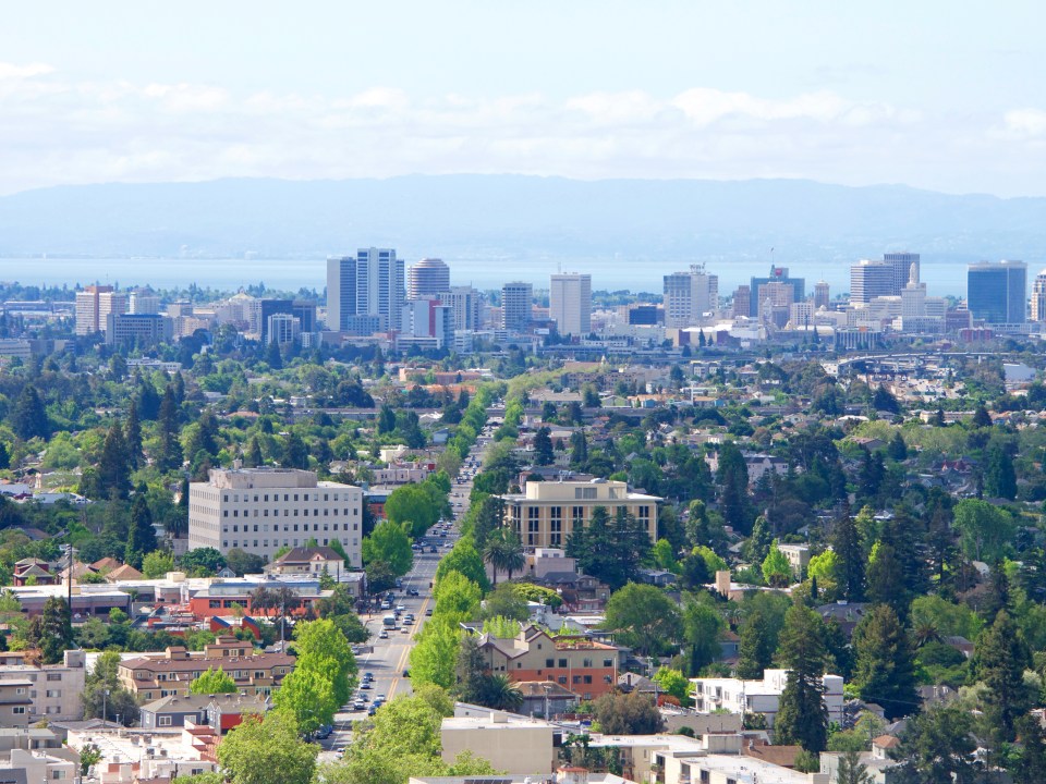 View of Downtown Oakland on an overcast hazy Northern California day.