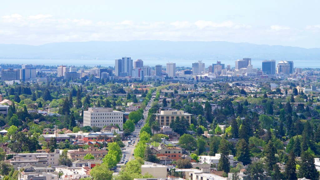 View of Downtown Oakland on an overcast hazy Northern California day.