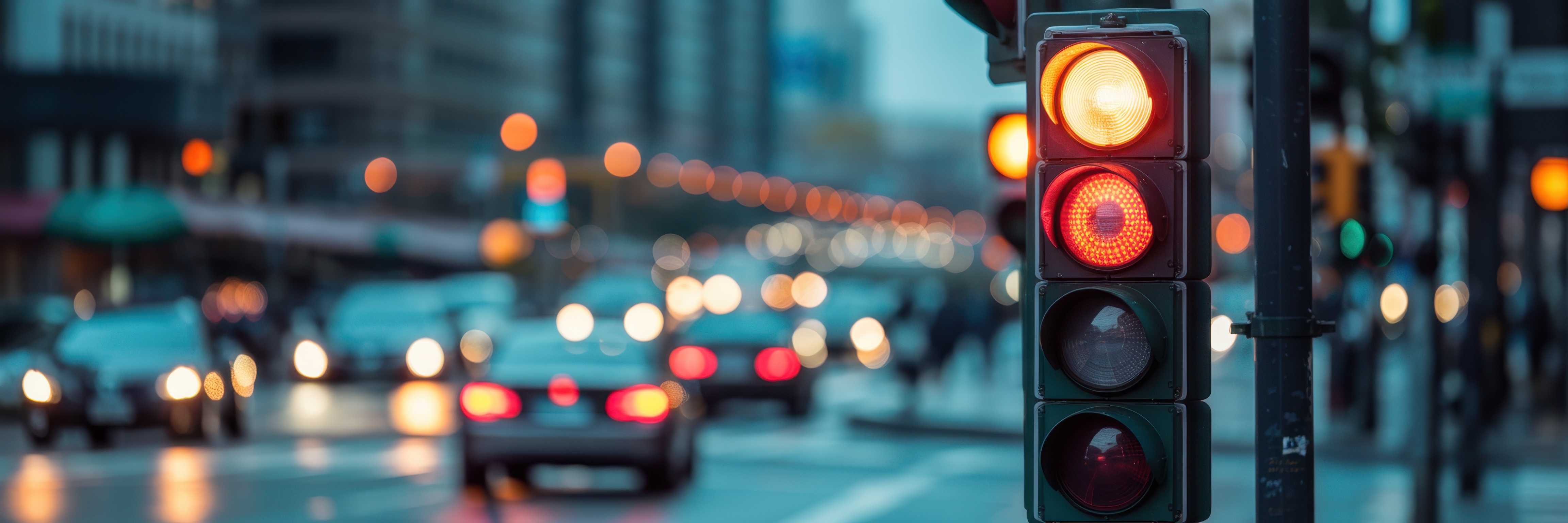 A traffic light at a street crossroads with a beautiful bokeh city and cars in the background.