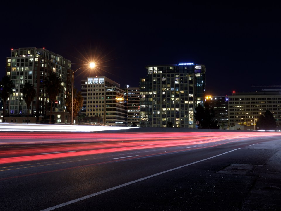 Car light trails at night