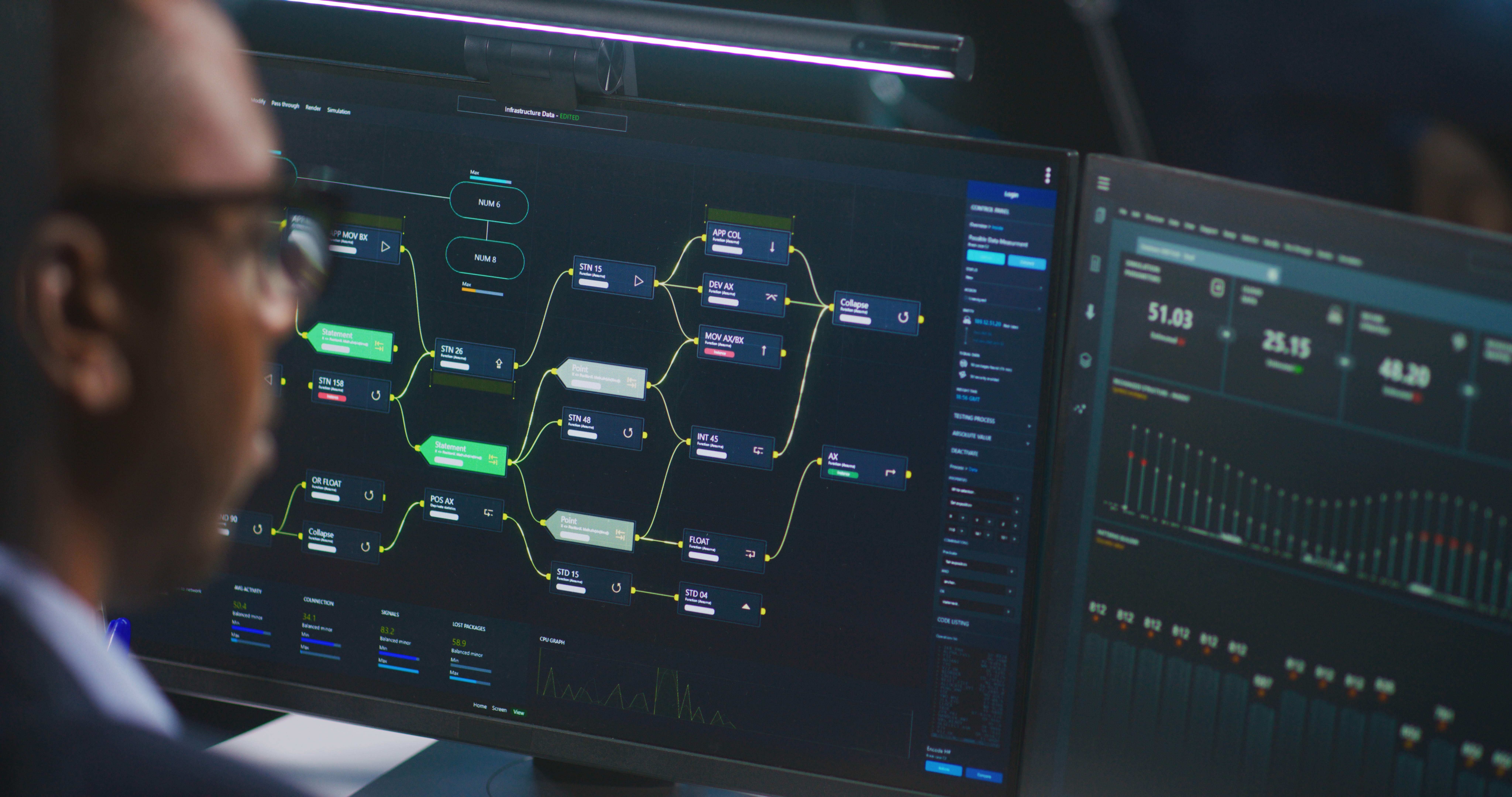 software engineer looks at computer screen with displayed big data server and blockchain network, monitors real-time analysis charts in monitoring office.