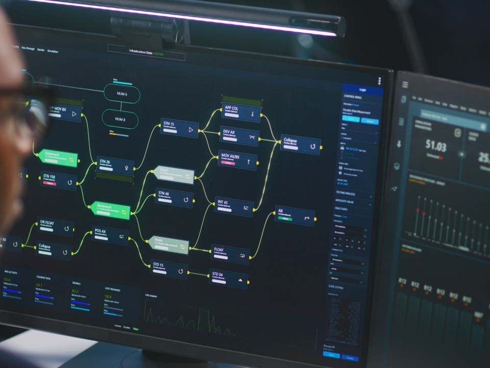 software engineer looks at computer screen with displayed big data server and blockchain network, monitors real-time analysis charts in monitoring office.