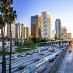Los Angeles downtown buildings skyline highway traffic