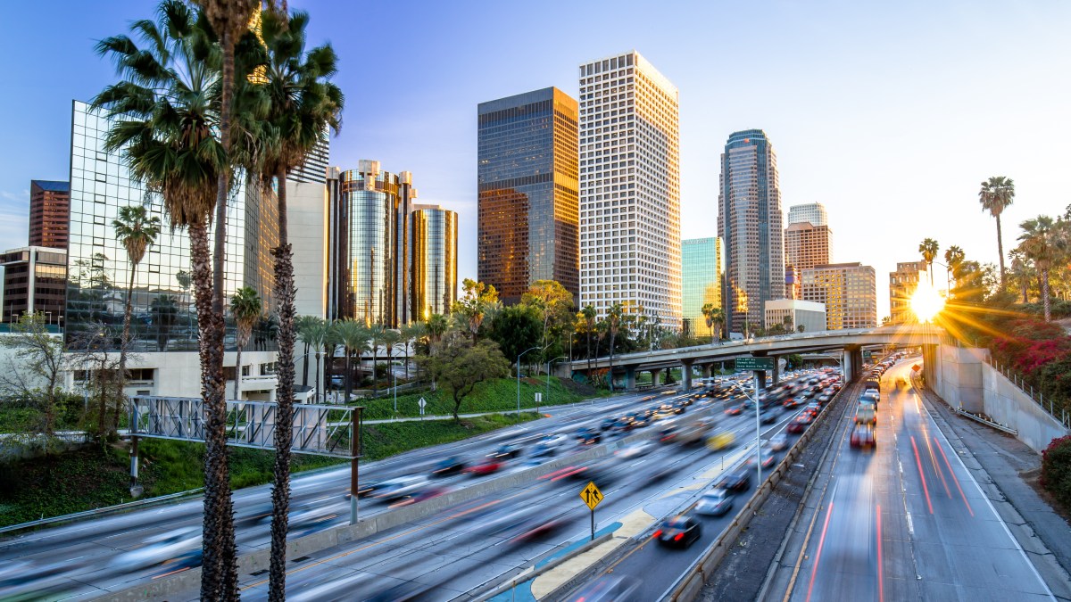 Los Angeles downtown buildings skyline highway traffic