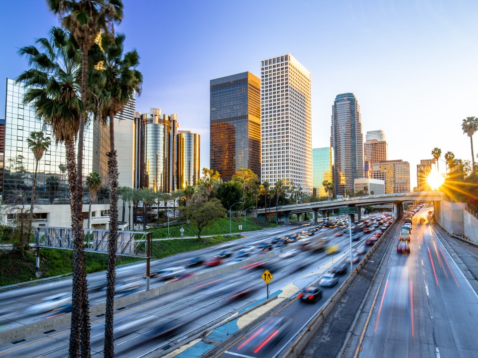 Los Angeles downtown buildings skyline highway traffic