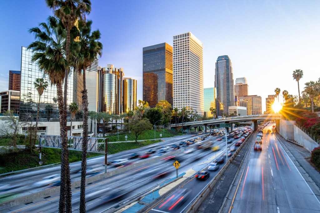 Los Angeles downtown buildings skyline highway traffic