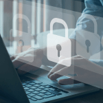 graphic of computer with locks floating above to denote privacy