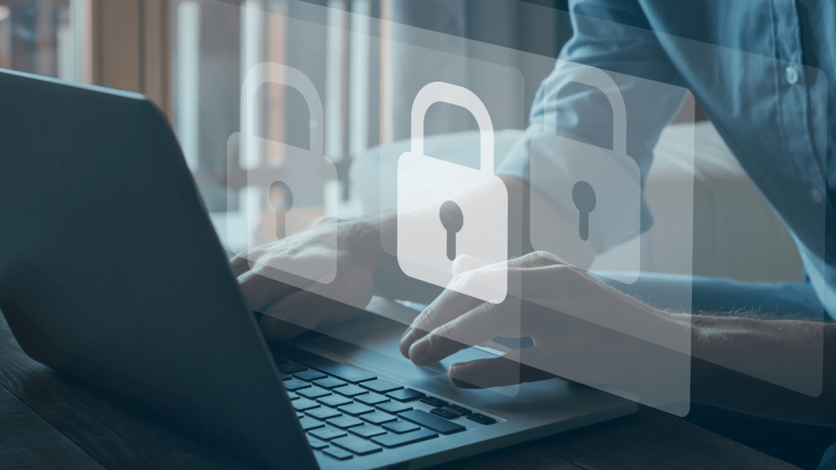graphic of computer with locks floating above to denote privacy