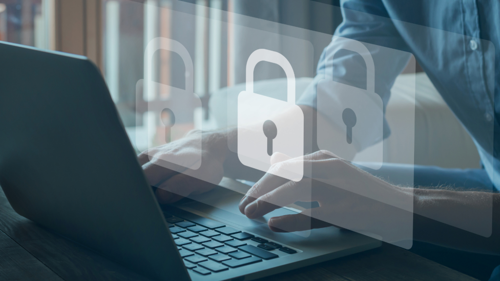 graphic of computer with locks floating above to denote privacy