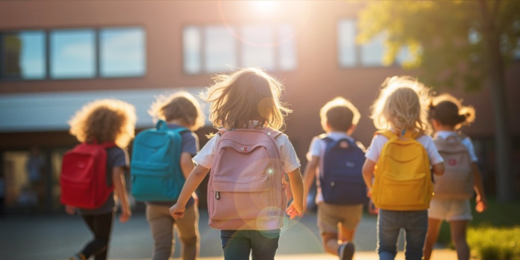 Kids running into school building