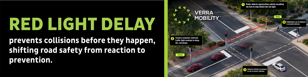 Graphic showing how a red light delay prevents crashes (intersection graphic)